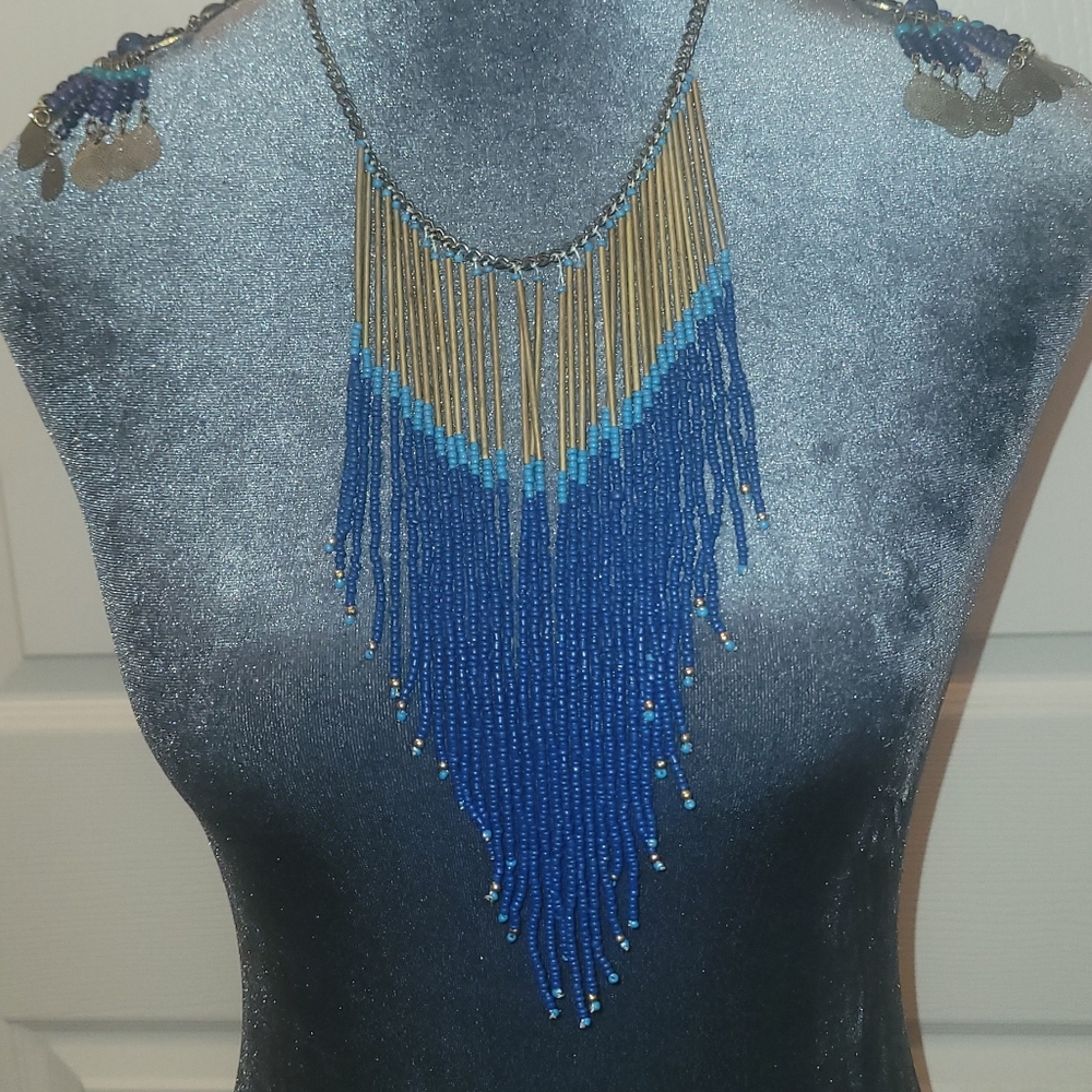 Elegant Ombre Gold Turquoise Blue Beaded Fringed  Necklace With Matching Earring